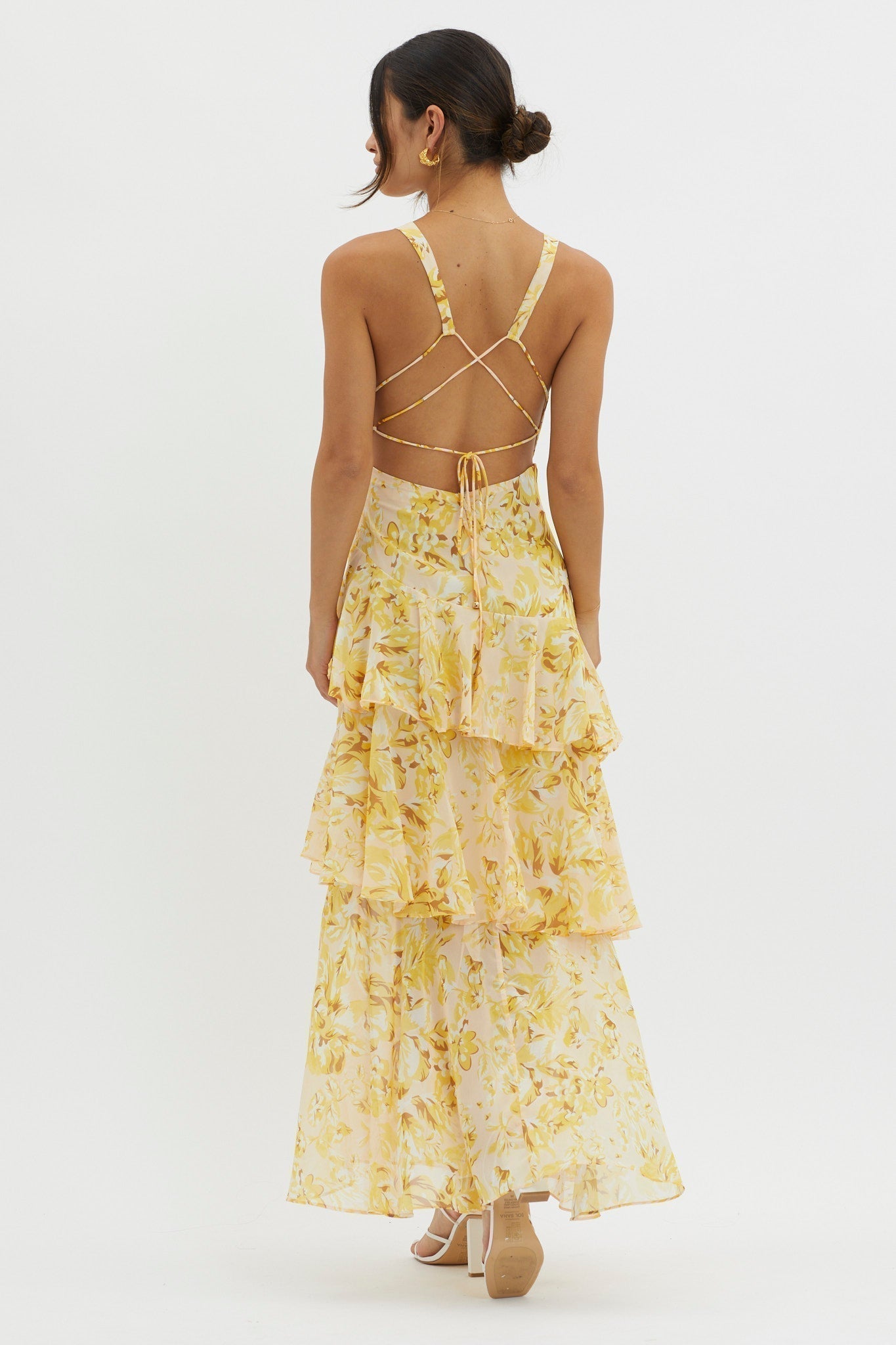 Floral Print Deep V Neck Tiered Ruffle Maxi Dress