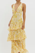 Floral Print Deep V Neck Tiered Ruffle Maxi Dress