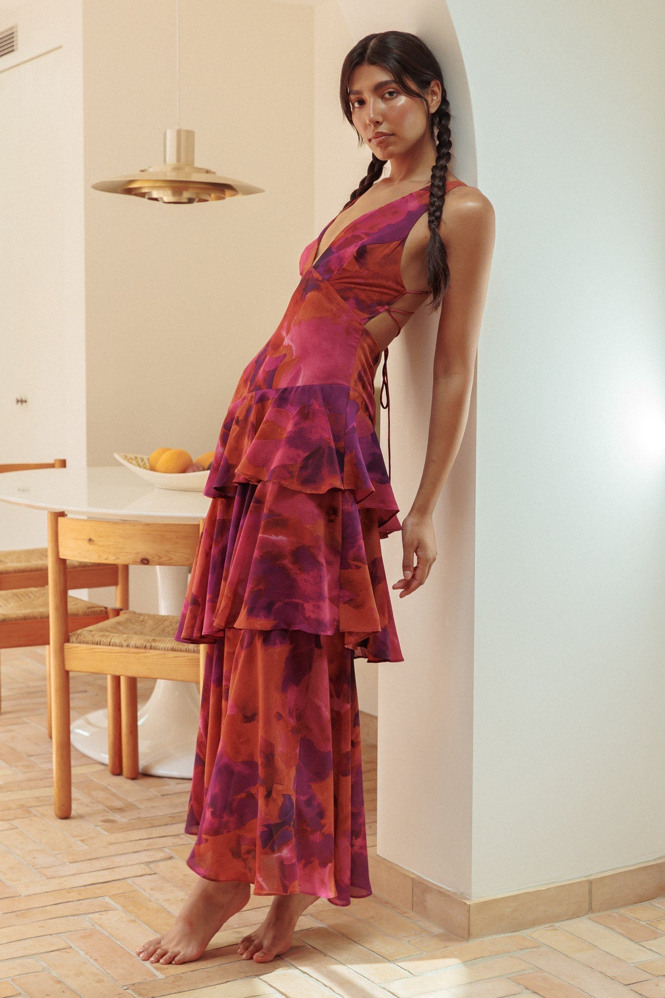 Floral Print Deep V Neck Tiered Ruffle Maxi Dress