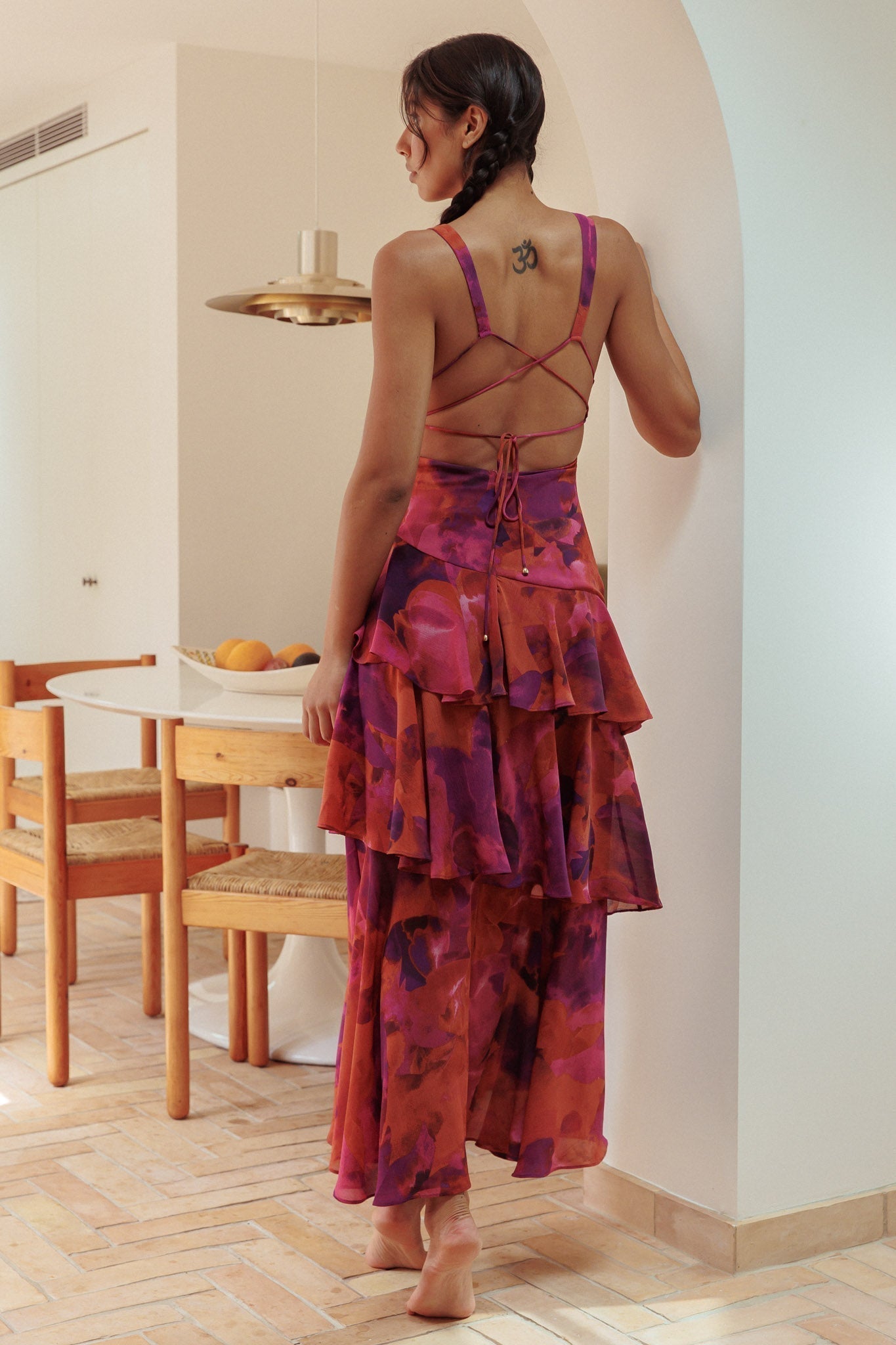 Floral Print Deep V Neck Tiered Ruffle Maxi Dress