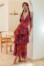 Floral Print Deep V Neck Tiered Ruffle Maxi Dress