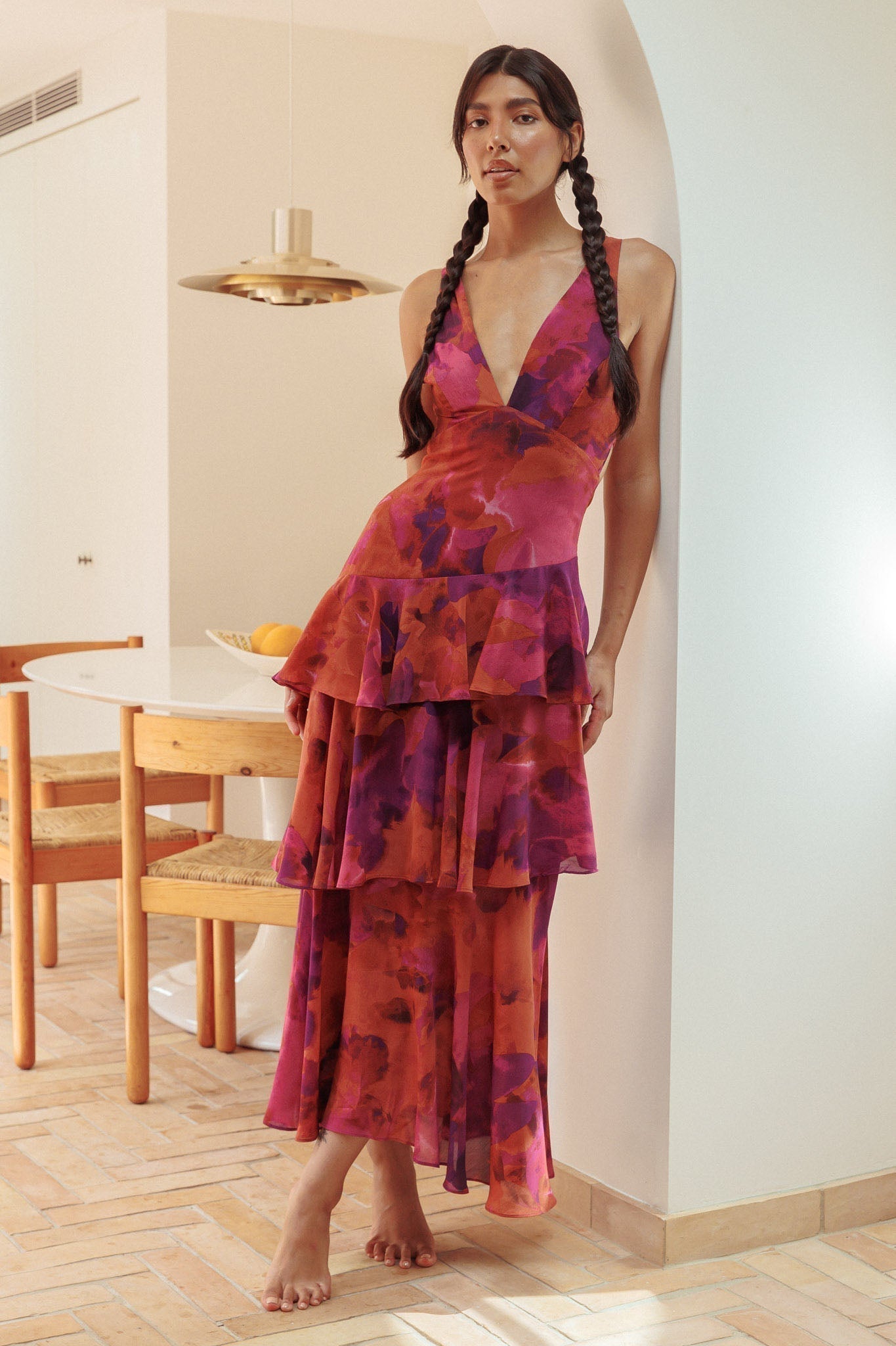 Floral Print Deep V Neck Tiered Ruffle Maxi Dress