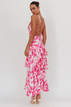 Floral Print Deep V Neck Tiered Ruffle Maxi Dress