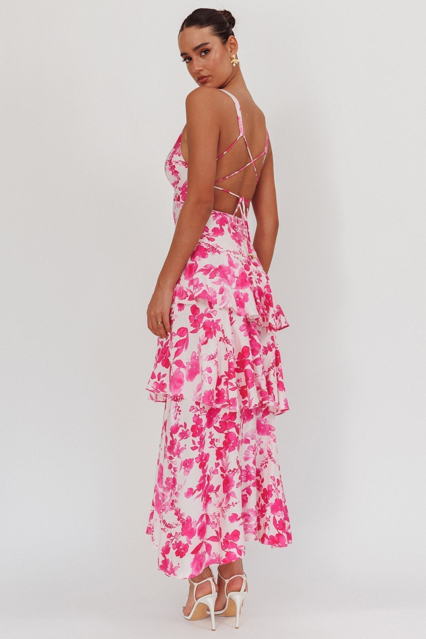 Floral Print Deep V Neck Tiered Ruffle Maxi Dress