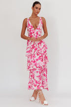 Floral Print Deep V Neck Tiered Ruffle Maxi Dress
