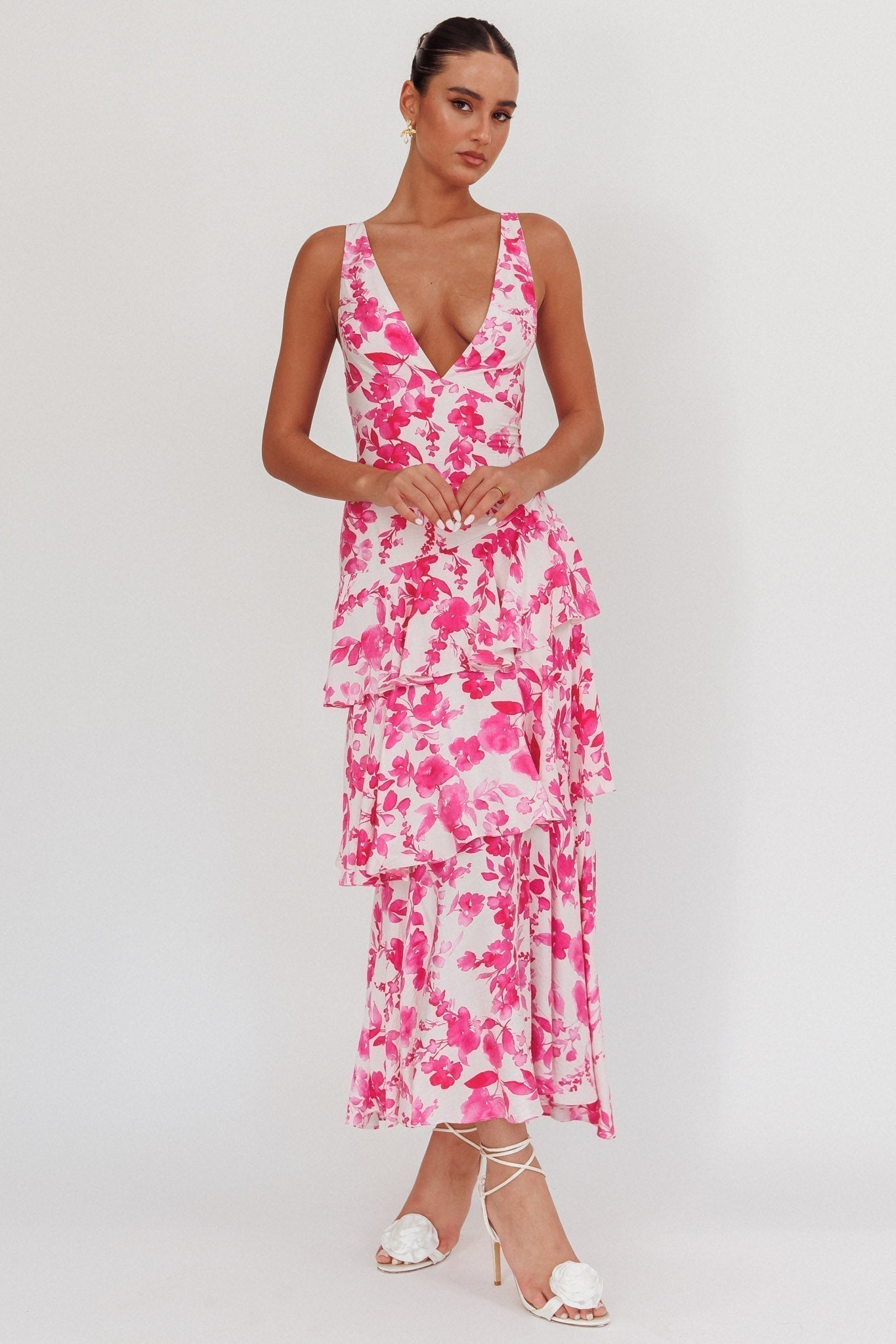 Floral Print Deep V Neck Tiered Ruffle Maxi Dress