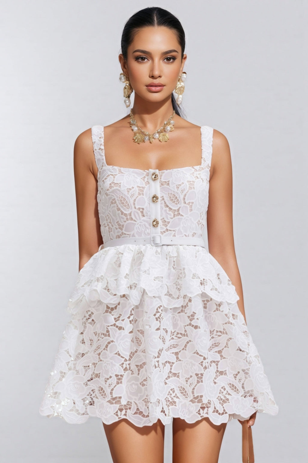 Arlena White Lace Tiered Mini Dress