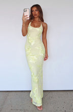 Mesh 3D Floral Applique Halter Neck Sleeveless Bodycon Maxi Dress