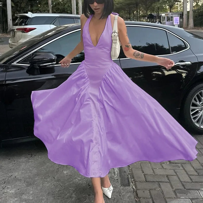 Halter Plunging V-Neck Drop Waist Pleated Fit and Flare Midi Dress