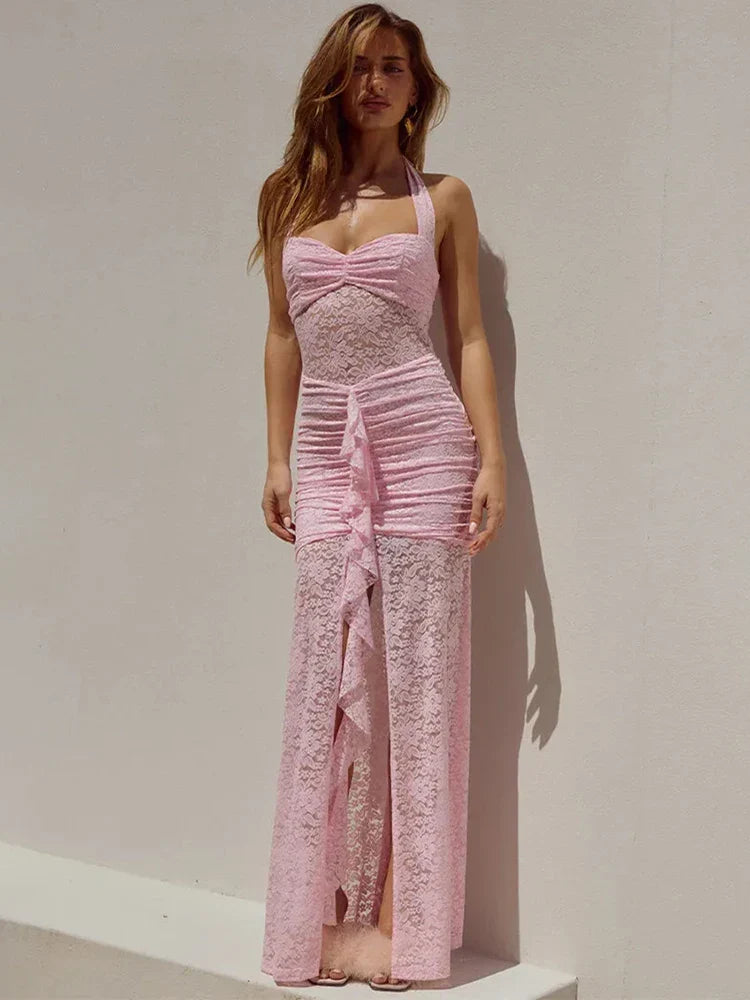 Floral Lace Halter Tie Neck Sweetheart Ruched Cascade Ruffle Front Slit Maxi Dress