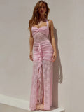 Floral Lace Halter Tie Neck Sweetheart Ruched Cascade Ruffle Front Slit Maxi Dress