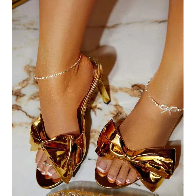 Gold Silver Pointed Toe Women Slippers with Butterfly-knot Thin High Heels