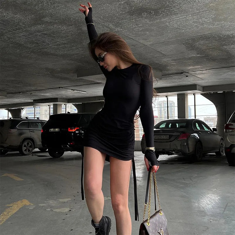 Crew Neck Thumbhole Cuff Side Drawstring Ruched Long Sleeve Mini Dress