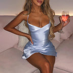 Satin Cowl Neck Spaghetti Strap Slip Mini Dress