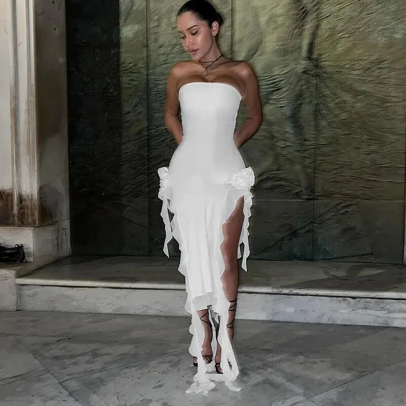 Strapless Tube Rosette Hip Detail Ruffle Tier High Split Midi Dress