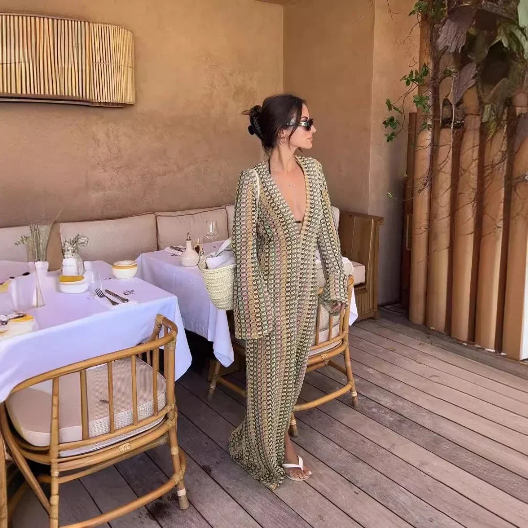 Crochet Stripe Bell Sleeve Plunging V-Neck Maxi Dress