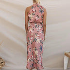 Olga Exclusive Backless Dress with Floral Pattern and Collar Statement Occasion Edit
