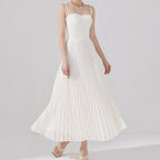 Cold Shoulder Frayed Strap Textured Pleated Corset Bodice Maxi Dress