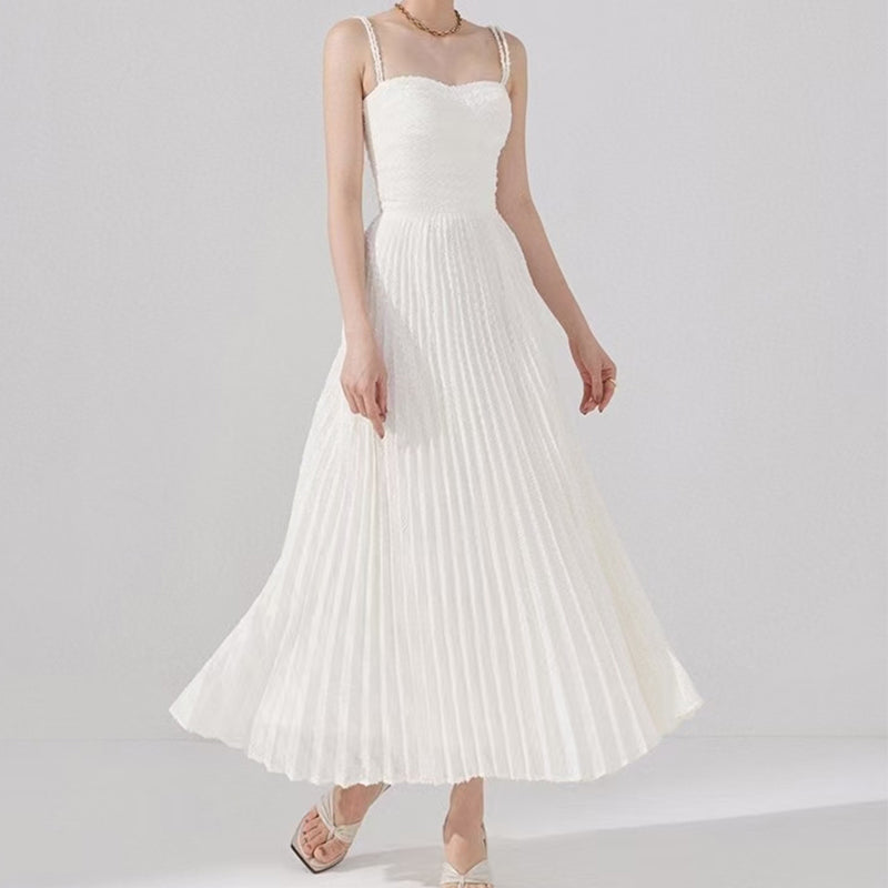 Cold Shoulder Frayed Strap Textured Pleated Corset Bodice Maxi Dress