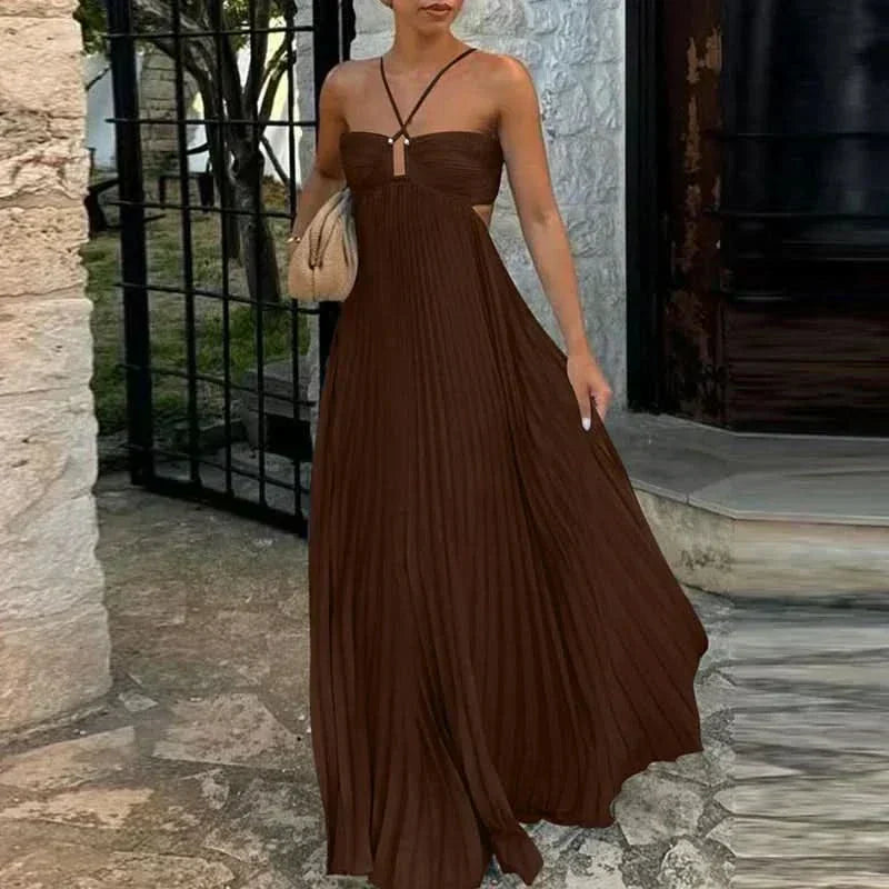 Halter Neck Sunray Pleated Side Cutout Maxi Dress