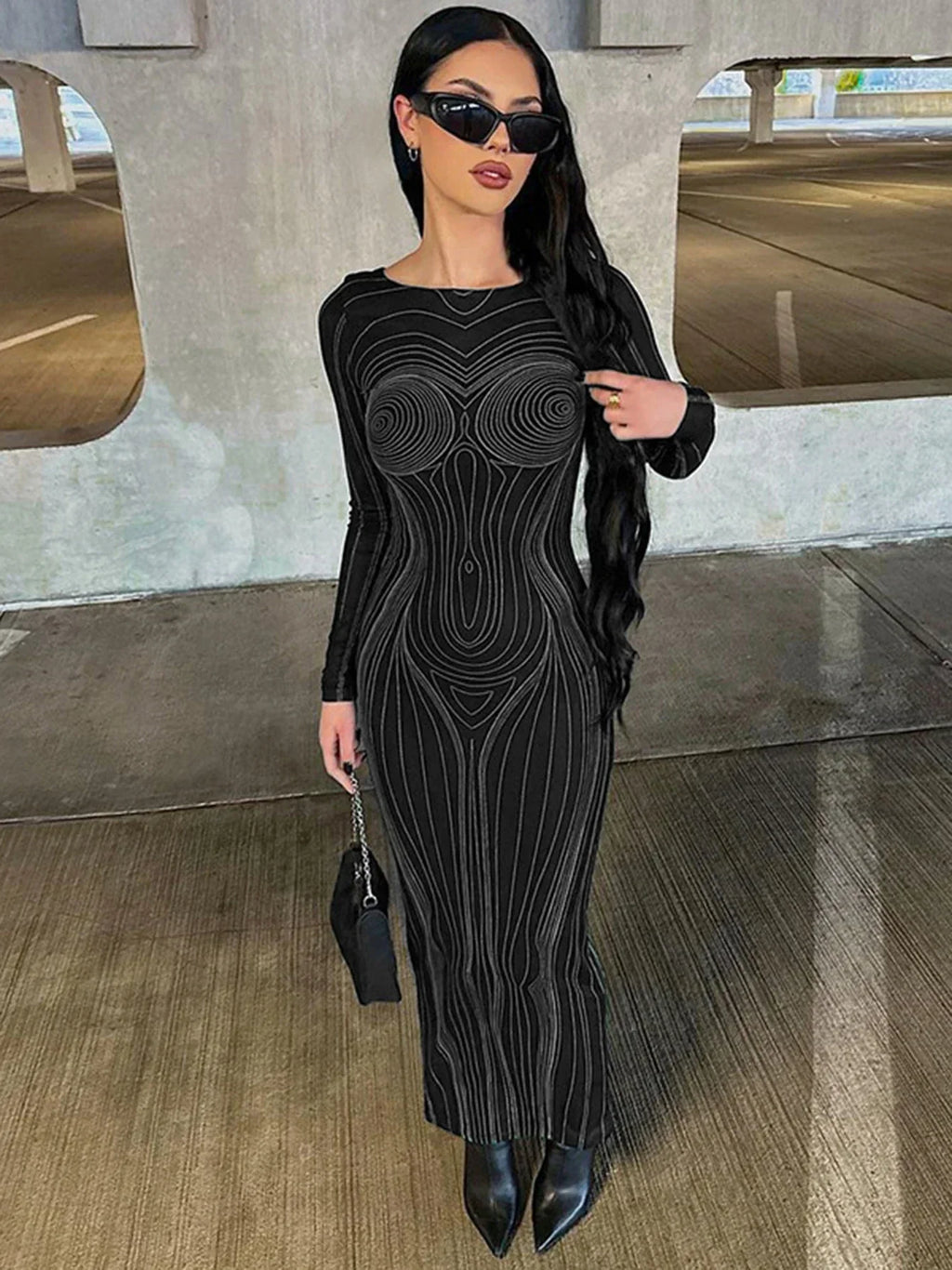 Graphic Contour Print Long Sleeve Crew Neck Bodycon Maxi Dress