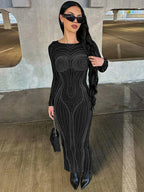 Graphic Contour Print Long Sleeve Crew Neck Bodycon Maxi Dress