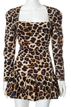 Printed Long Sleeve Mini Dress with Square Collar and High Waist