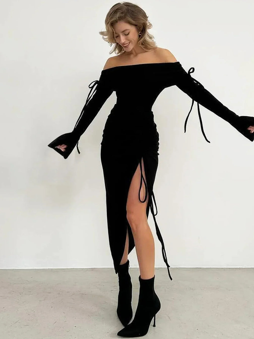 Off Shoulder Long Sleeve Tie Detail Ruched High Slit Bodycon Midi Dress