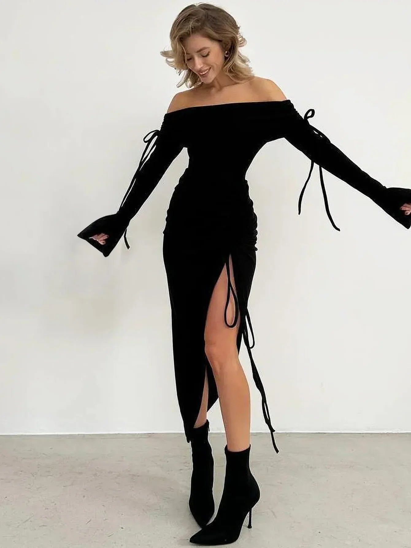 Off Shoulder Long Sleeve Tie Detail Ruched High Slit Bodycon Midi Dress