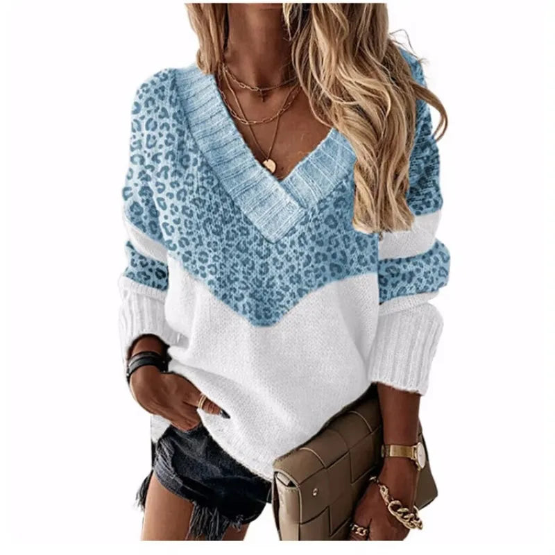 | V-neck sweater in leopard print with color blocks