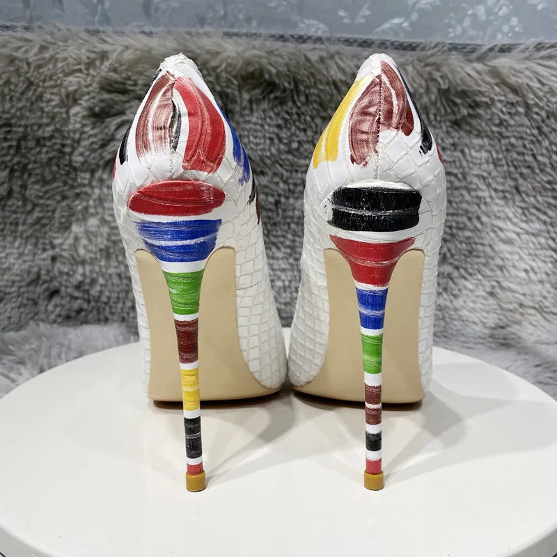 White Crocodile Effect Pointy Toe High Heel Party Shoes for Women