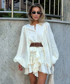 Metallic Pleated Balloon Sleeve Tie Neck Ruffled Hem Two-Piece Set