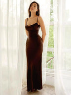 Satin Cowl Neck Spaghetti Strap Ruched Side Maxi Dress