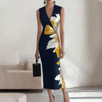 Floral Print Sleeveless Deep V Neck Bodycon Midi Dress