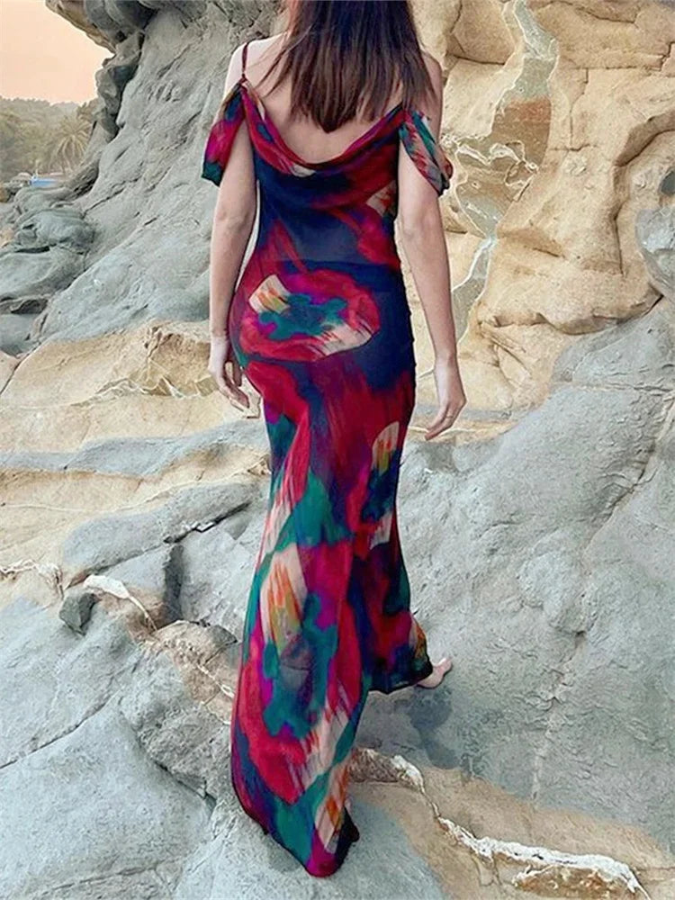 Floral Mesh Off Shoulder Draped Sleeve Bodycon Maxi Dress