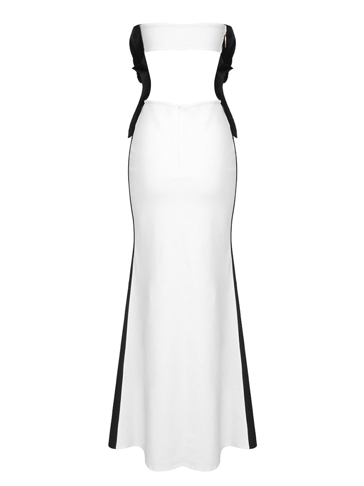Oversized Bow Strapless Cut Out Mermaid Floor Length Gown With Contrast Train