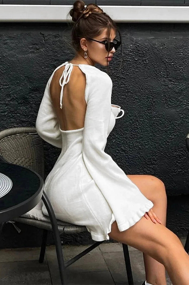 Lace-Up Long Sleeve Mini Dress with High Waist
