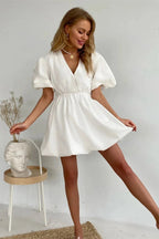 V-Neck Short Sleeves Mini Dress with Elastic Waist