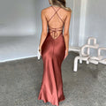 Cross Strap Lace Up Back Satin Maxi Dress