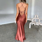 Cross Strap Lace Up Back Satin Maxi Dress