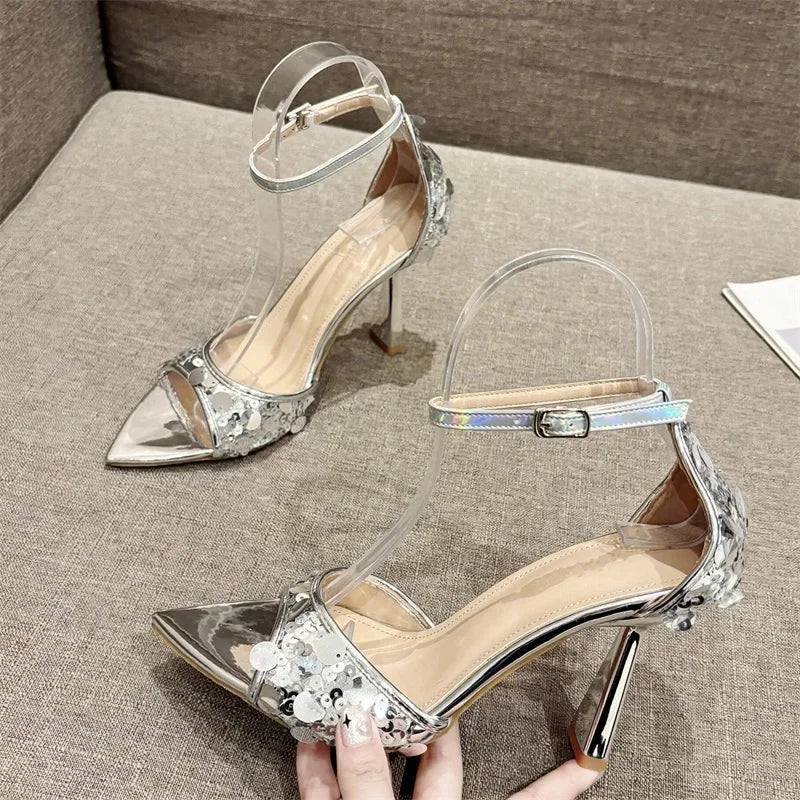 Bling Sequin Pointed Toe Women Sandals with Thin Heels
