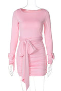 O-Neck Long Sleeve Bodycon Mini Dress with High Waist Patchwork