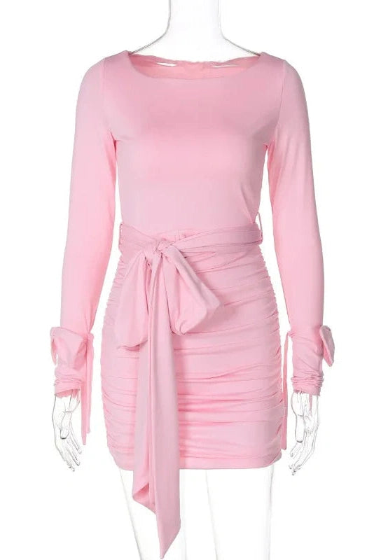 O-Neck Long Sleeve Bodycon Mini Dress with High Waist Patchwork