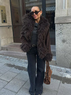 Elegant Coffee Solid Fur Patchwork Cardigan Jacket For Women Fashion Long Sleeve Warm Loose Coats Lady High Streetwear New