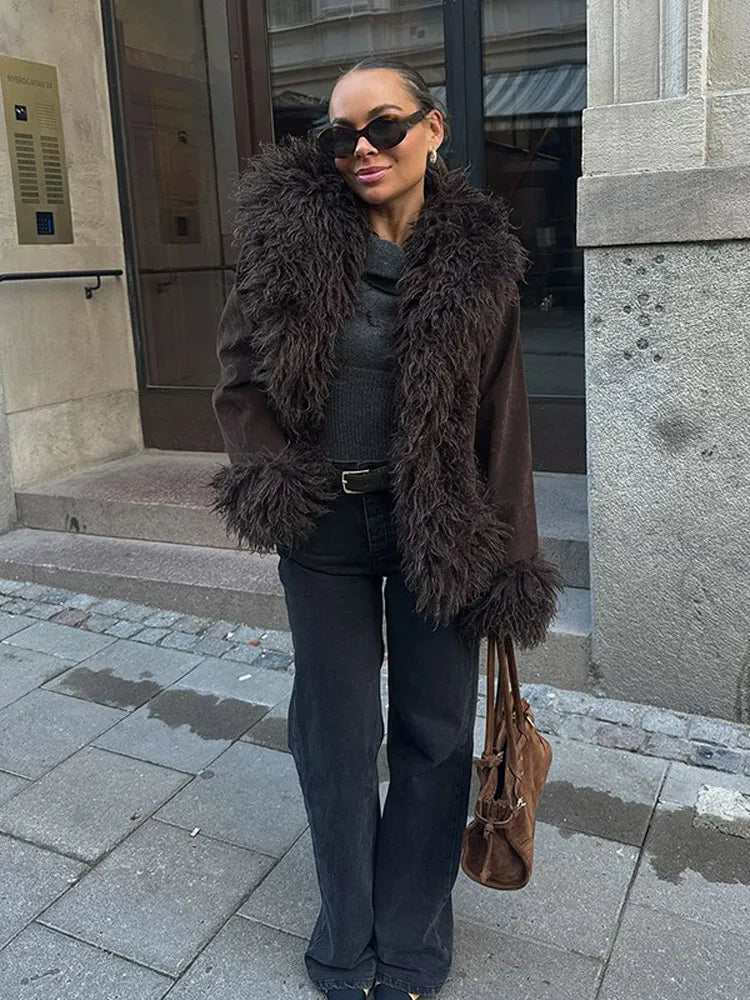 Elegant Coffee Solid Fur Patchwork Cardigan Jacket For Women Fashion Long Sleeve Warm Loose Coats Lady High Streetwear New