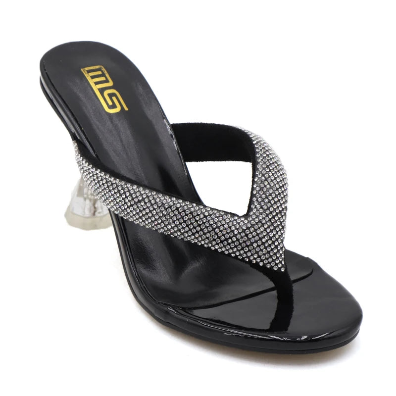 Autumn flip flops with transparent high heels and rhinestone embellishments for women's outdoor wear.