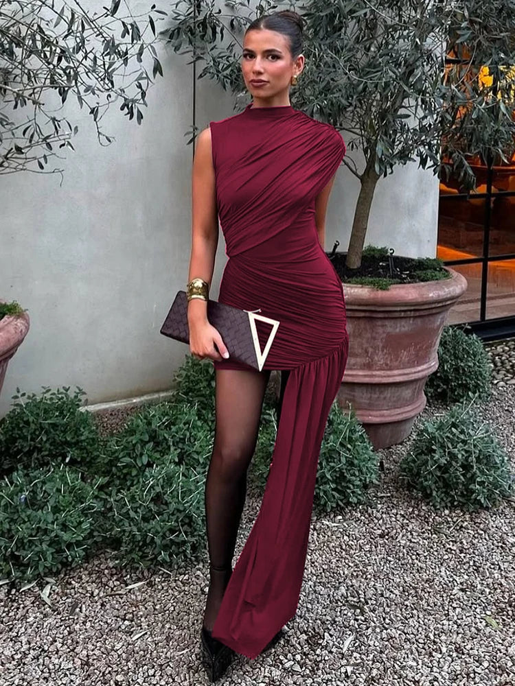 Mock Neck Sleeveless Ruched Asymmetric Draped Side Tail Mini Dress