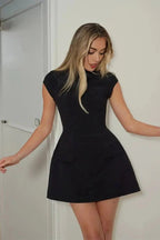 Short Sleeve Mini Dress with O-Neck and High Waist