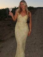 Ruffle Trim Tie Neck Spaghetti Strap Floral Print Bodycon Maxi Dress