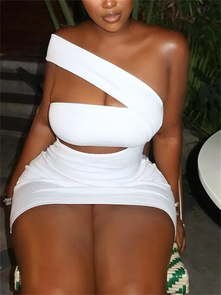 One Shoulder Asymmetric Neck Chest Cut Out Waist Cut Out Bodycon Mini Dress